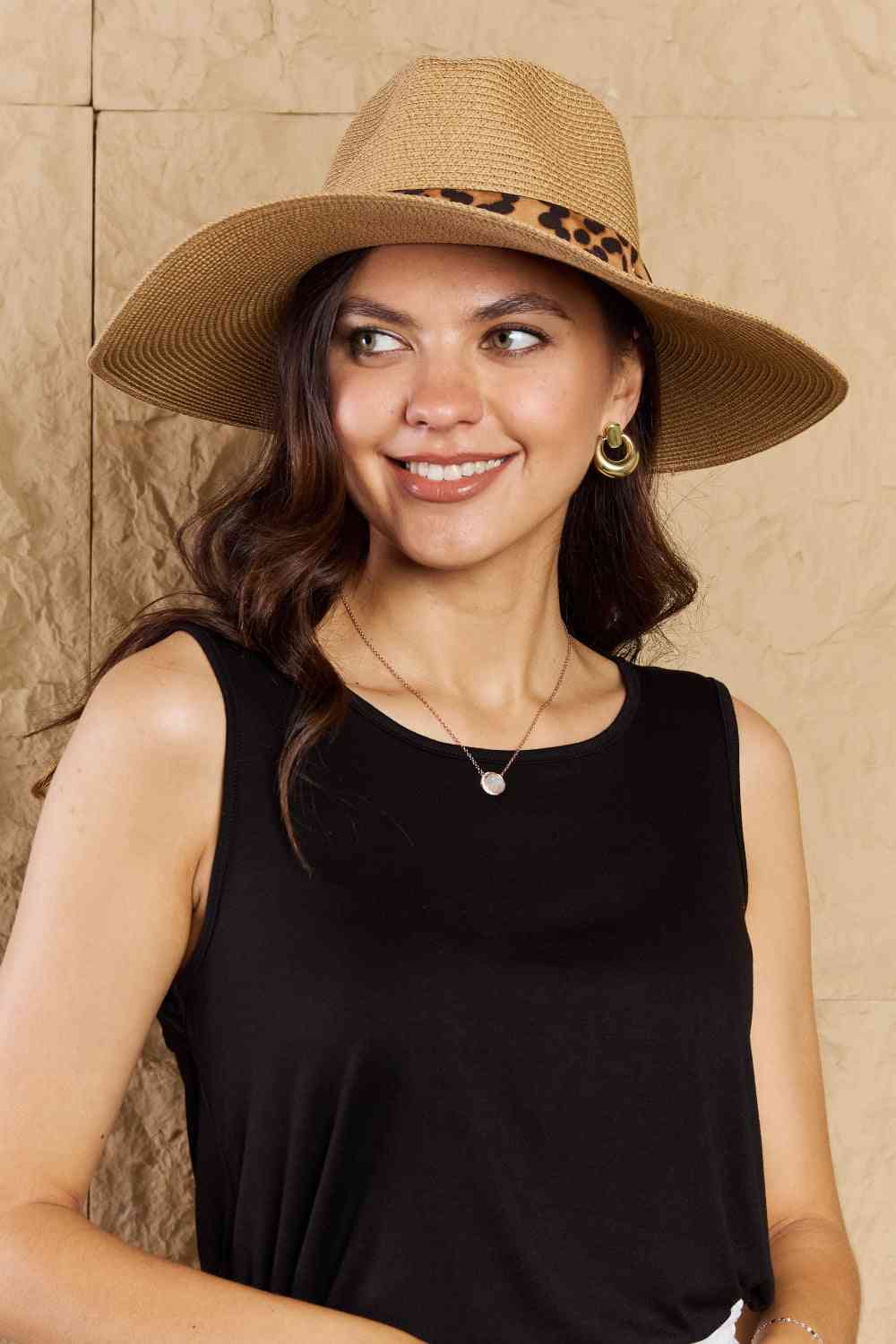 Fame Wild One Leopard Ribbon Straw Hat-Fame Accessories, Ship from USA-Tan-One Size-[option4]-[option5]-[option6]-Womens-USA-Clothing-Boutique-Shop-Online-Clothes Minded