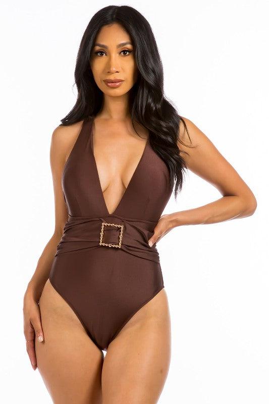 Fancy Square Buckle One Piece Swimsuit-Swimsuit-Missy, One-Piece-Brown-S-[option4]-[option5]-[option6]-Womens-USA-Clothing-Boutique-Shop-Online-Clothes Minded