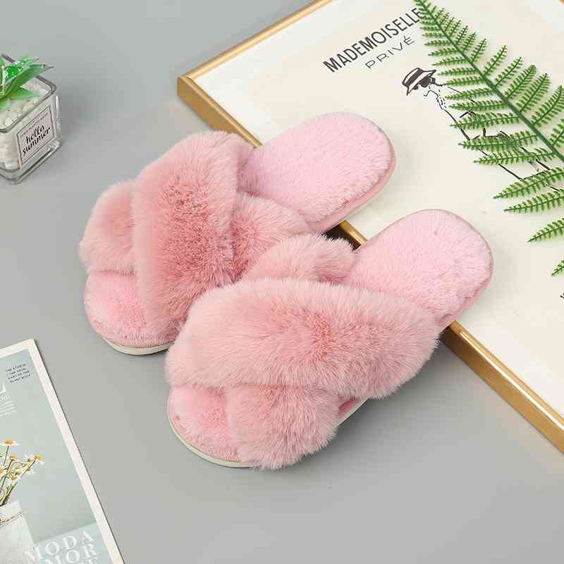 Faux Fur Crisscross Strap Slippers-J.Y.D, Ship From Overseas-Blush Pink-S-[option4]-[option5]-[option6]-Womens-USA-Clothing-Boutique-Shop-Online-Clothes Minded