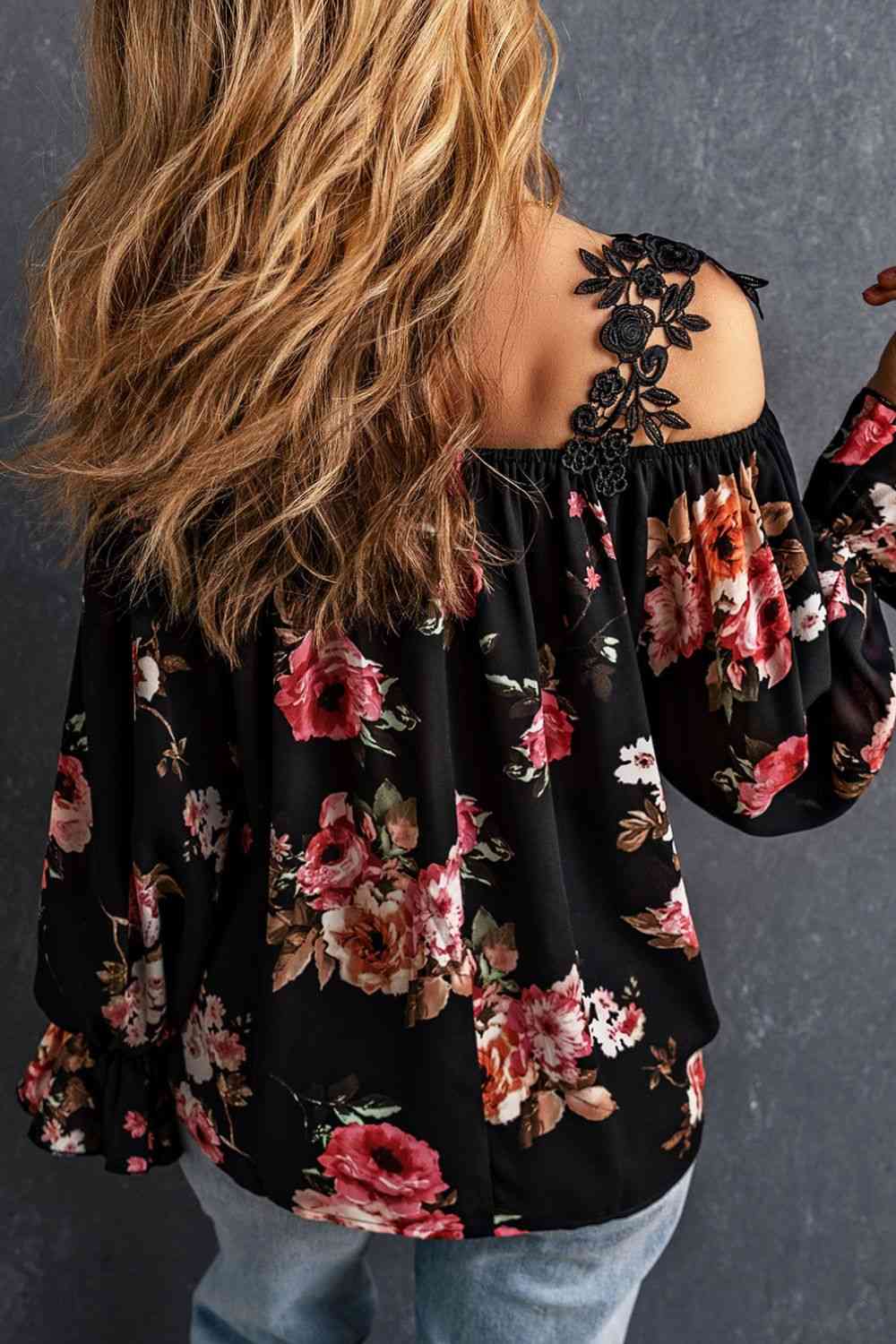Floral Lace Cold-Shoulder Flounce Sleeve Blouse-Ship From Overseas, SYNZ-Black-S-[option4]-[option5]-[option6]-Womens-USA-Clothing-Boutique-Shop-Online-Clothes Minded