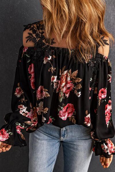 Floral Lace Cold-Shoulder Flounce Sleeve Blouse-Ship From Overseas, SYNZ-[option4]-[option5]-[option6]-Womens-USA-Clothing-Boutique-Shop-Online-Clothes Minded