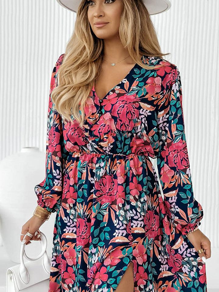 Floral Long Sleeve Slit Dress-Dresses-Boutique Dress, Dress, Floral Dress, Ship From Overseas, SYNZ-[option4]-[option5]-[option6]-Womens-USA-Clothing-Boutique-Shop-Online-Clothes Minded