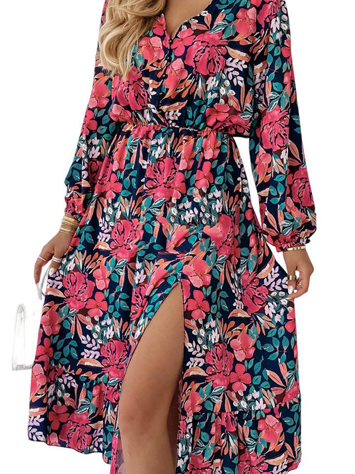 Floral Long Sleeve Slit Dress-Dresses-Boutique Dress, Dress, Floral Dress, Ship From Overseas, SYNZ-Multicolor-S-[option4]-[option5]-[option6]-Womens-USA-Clothing-Boutique-Shop-Online-Clothes Minded