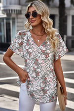 Floral Notched Neck Flutter Sleeve Blouse-Tops-Boutique Top, Floral Top, Ship From Overseas, SYNZ, Top, Tops-Heather Gray-S-[option4]-[option5]-[option6]-Womens-USA-Clothing-Boutique-Shop-Online-Clothes Minded