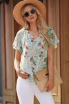 Floral Notched Neck Flutter Sleeve Blouse-Tops-Boutique Top, Floral Top, Ship From Overseas, SYNZ, Top, Tops-Light Green-S-[option4]-[option5]-[option6]-Womens-USA-Clothing-Boutique-Shop-Online-Clothes Minded
