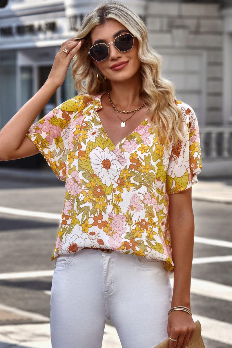 Floral Notched Neck Flutter Sleeve Blouse-Tops-Boutique Top, Floral Top, Ship From Overseas, SYNZ, Top, Tops-Mustard-S-[option4]-[option5]-[option6]-Womens-USA-Clothing-Boutique-Shop-Online-Clothes Minded