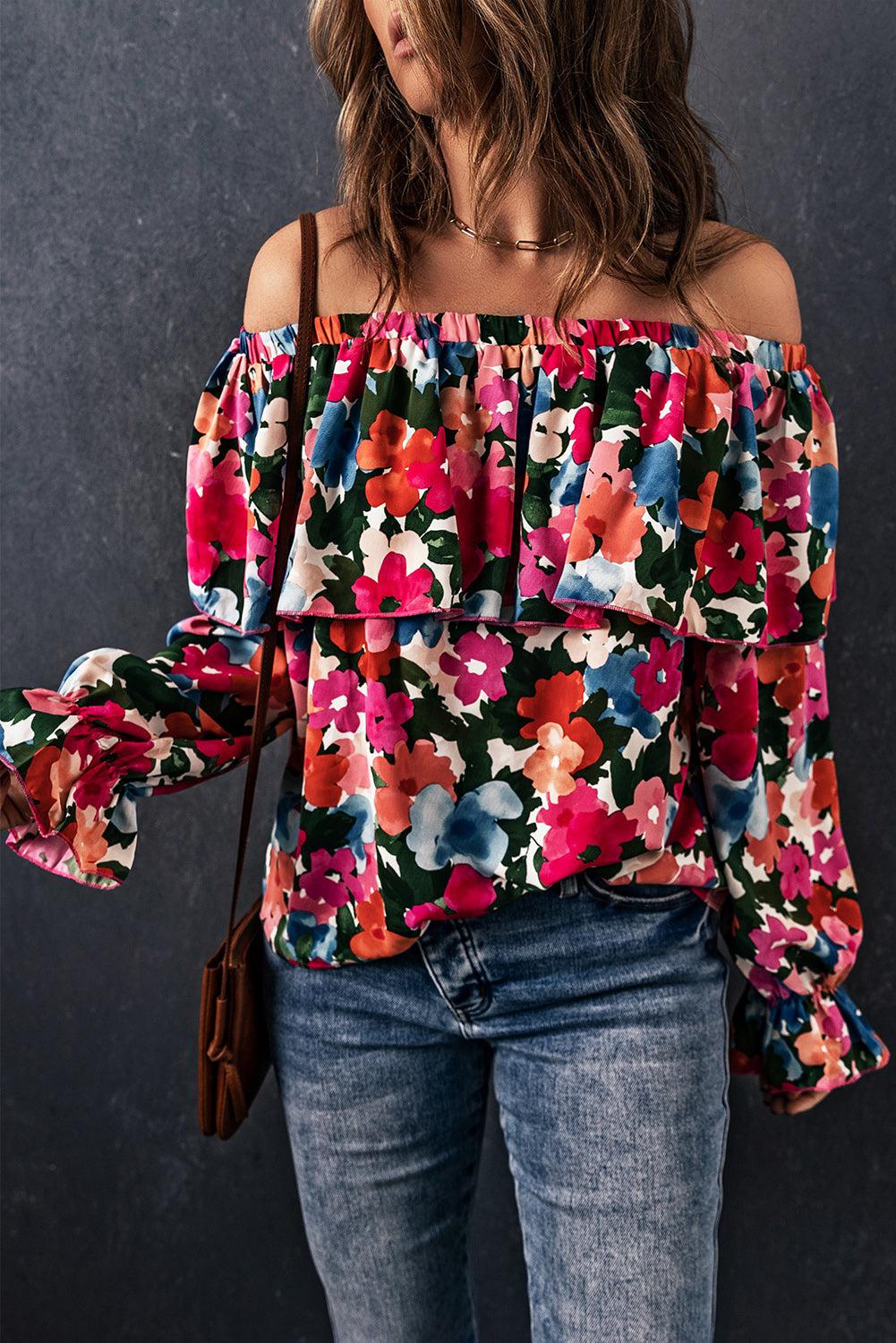 Floral Off-Shoulder Flounce Sleeve Layered Blouse-Tops-Boutique Top, Floral Top, Off Shoulder Top, Ship From Overseas, SYNZ, Top, Tops-Floral-S-[option4]-[option5]-[option6]-Womens-USA-Clothing-Boutique-Shop-Online-Clothes Minded