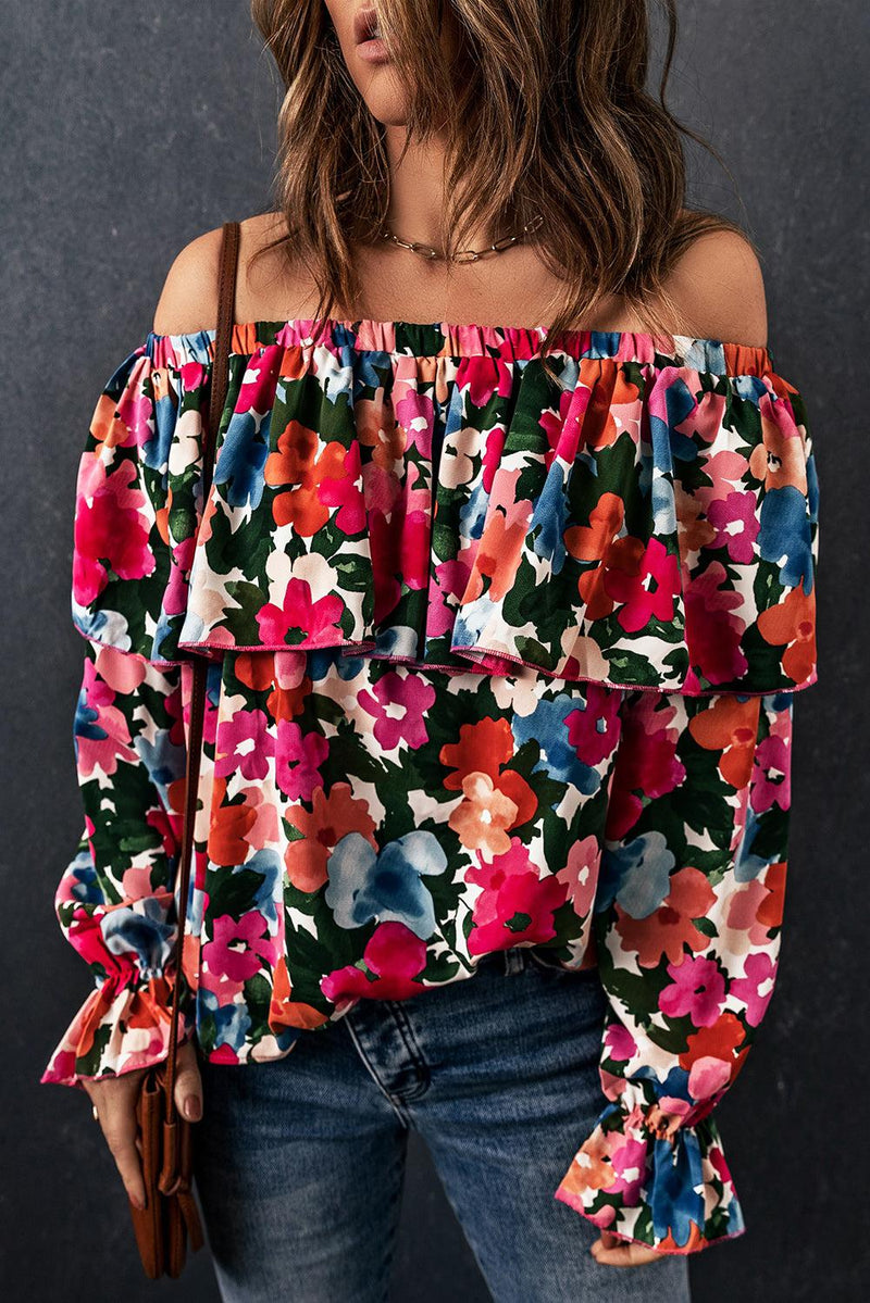 Floral Off-Shoulder Flounce Sleeve Layered Blouse-Tops-Boutique Top, Floral Top, Off Shoulder Top, Ship From Overseas, SYNZ, Top, Tops-Floral-S-[option4]-[option5]-[option6]-Womens-USA-Clothing-Boutique-Shop-Online-Clothes Minded