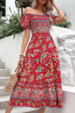 Floral Off-Shoulder Smocked Midi Dress-Hundredth, Ship From Overseas-Deep Red-S-[option4]-[option5]-[option6]-Womens-USA-Clothing-Boutique-Shop-Online-Clothes Minded