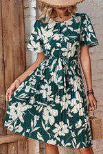 Floral Round Neck Tie Belt Pleated Dress-Dresses-Forest-S-[option4]-[option5]-[option6]-Womens-USA-Clothing-Boutique-Shop-Online-Clothes Minded