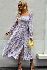 Floral Smocked Square Neck Slit Midi Dress-Dresses-Shipping Delay 01/15/2023 - 01/29/2023-Purple Floral-S-[option4]-[option5]-[option6]-Womens-USA-Clothing-Boutique-Shop-Online-Clothes Minded