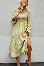 Floral Smocked Square Neck Slit Midi Dress-Dresses-Shipping Delay 01/15/2023 - 01/29/2023-Yellow Floral-S-[option4]-[option5]-[option6]-Womens-USA-Clothing-Boutique-Shop-Online-Clothes Minded