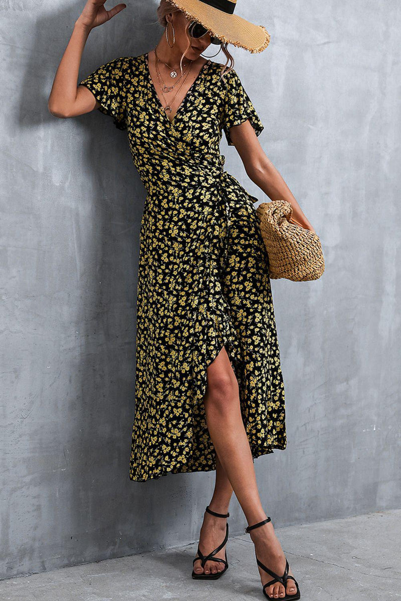 Floral Surplice Neck Tied Midi Dress-Dress-Boutique Dress, Dress, Ship From Overseas, YO-Black/Yellow-S-[option4]-[option5]-[option6]-Womens-USA-Clothing-Boutique-Shop-Online-Clothes Minded