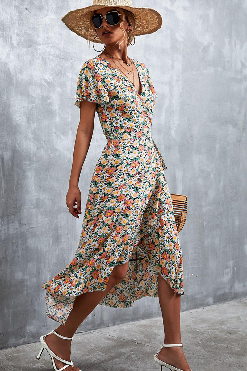 Floral Surplice Neck Tied Midi Dress-Dress-Boutique Dress, Dress, Ship From Overseas, YO-[option4]-[option5]-[option6]-Womens-USA-Clothing-Boutique-Shop-Online-Clothes Minded