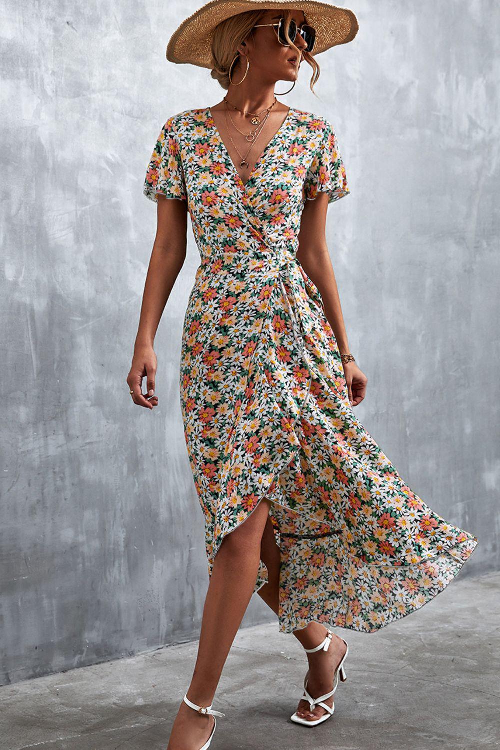 Floral Surplice Neck Tied Midi Dress-Dress-Boutique Dress, Dress, Ship From Overseas, YO-Orange Floral-S-[option4]-[option5]-[option6]-Womens-USA-Clothing-Boutique-Shop-Online-Clothes Minded
