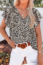 Floral V-Neck Flutter Sleeve Blouse-Tops-Ship From Overseas, Shipping Delay 09/29/2023 - 10/02/2023-Black-S-[option4]-[option5]-[option6]-Womens-USA-Clothing-Boutique-Shop-Online-Clothes Minded