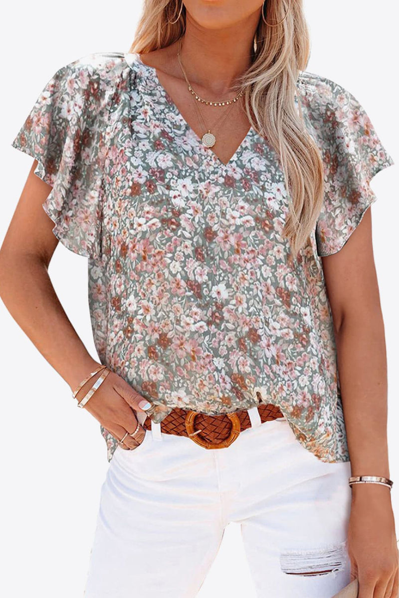 Floral V-Neck Flutter Sleeve Blouse-Tops-Ship From Overseas, Shipping Delay 09/29/2023 - 10/02/2023-[option4]-[option5]-[option6]-Womens-USA-Clothing-Boutique-Shop-Online-Clothes Minded
