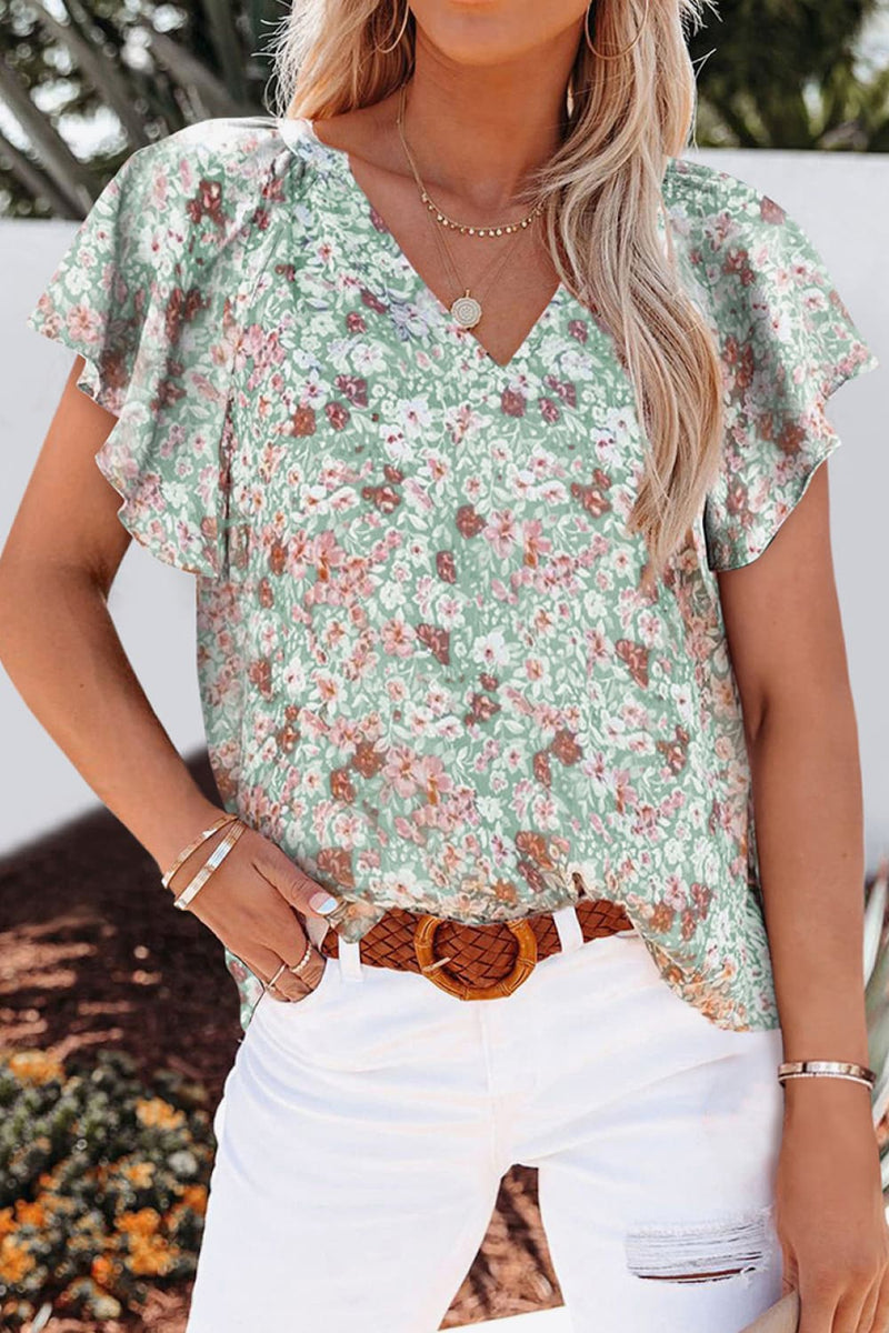 Floral V-Neck Flutter Sleeve Blouse-Tops-Ship From Overseas, Shipping Delay 09/29/2023 - 10/02/2023-[option4]-[option5]-[option6]-Womens-USA-Clothing-Boutique-Shop-Online-Clothes Minded