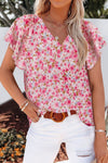Floral V-Neck Flutter Sleeve Blouse-Tops-Ship From Overseas, Shipping Delay 09/29/2023 - 10/02/2023-Fuchsia Pink-S-[option4]-[option5]-[option6]-Womens-USA-Clothing-Boutique-Shop-Online-Clothes Minded