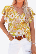 Floral V-Neck Flutter Sleeve Blouse-Tops-Ship From Overseas, Shipping Delay 09/29/2023 - 10/02/2023-Mustard-S-[option4]-[option5]-[option6]-Womens-USA-Clothing-Boutique-Shop-Online-Clothes Minded