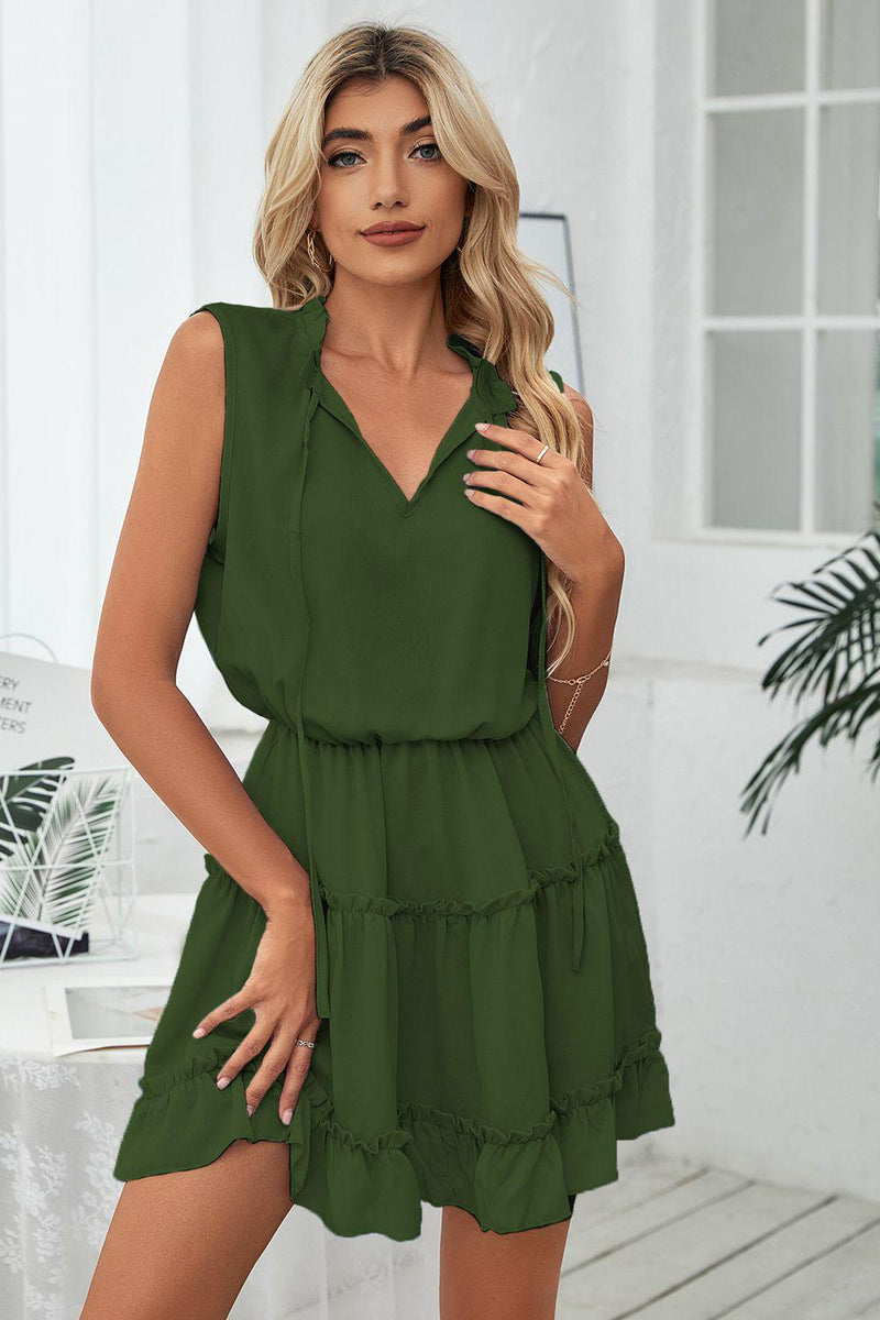Frill Trim Tie Neck Sleeveless Mini Dress-Lamy, Ship From Overseas-Army Green-S-[option4]-[option5]-[option6]-Womens-USA-Clothing-Boutique-Shop-Online-Clothes Minded