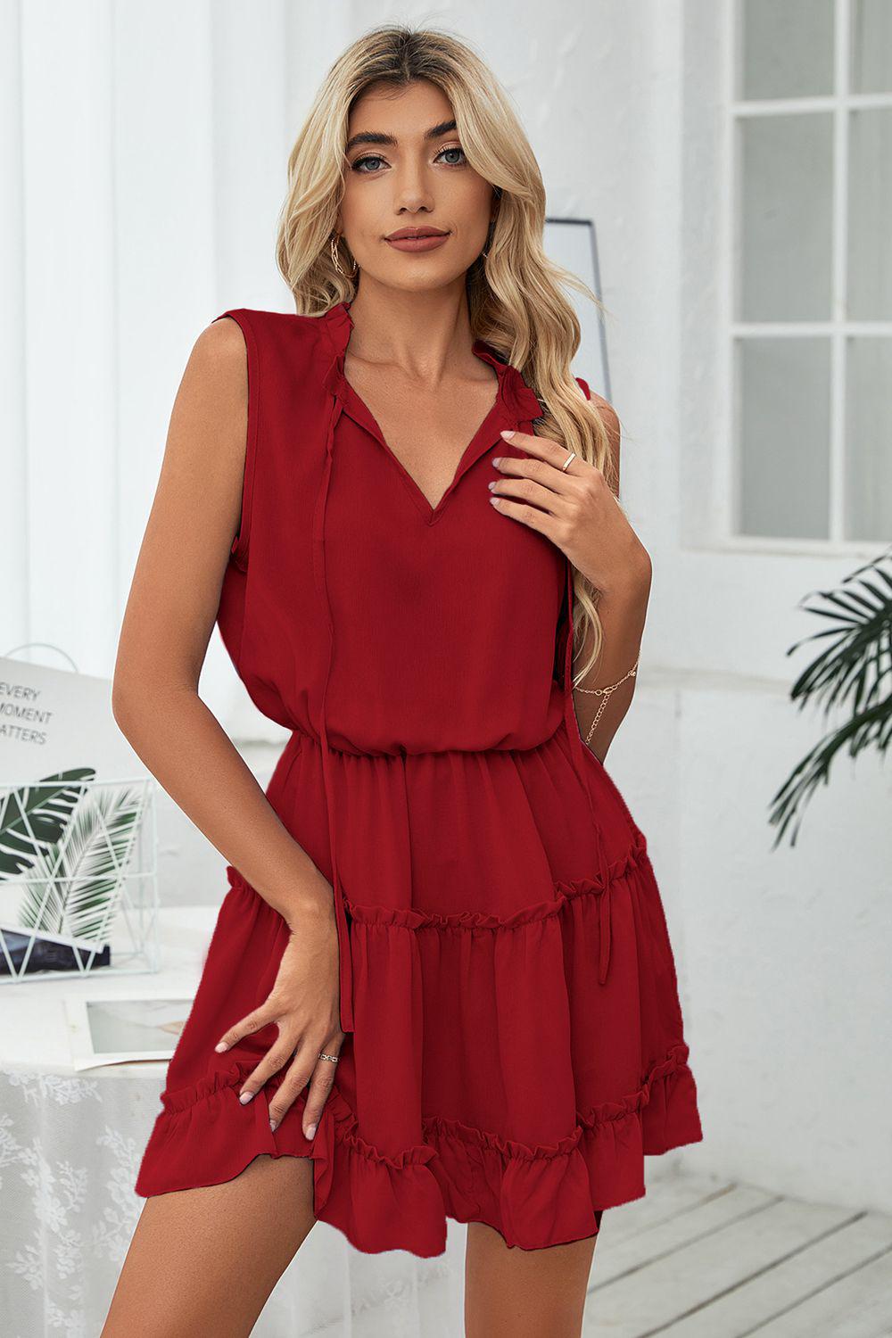 Frill Trim Tie Neck Sleeveless Mini Dress-Lamy, Ship From Overseas, Shipping Delay 09/29/2023 - 10/02/2023-Wine-S-[option4]-[option5]-[option6]-Womens-USA-Clothing-Boutique-Shop-Online-Clothes Minded