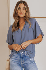 Gathered Detail Notched Neck Flutter Sleeve Top-Shirts & Tops-trendsi express event ends at 03/31/2023-Dusty Blue-S-[option4]-[option5]-[option6]-Womens-USA-Clothing-Boutique-Shop-Online-Clothes Minded
