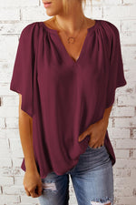 Gathered Detail Notched Neck Flutter Sleeve Top-Shirts & Tops-trendsi express event ends at 03/31/2023-Wine-S-[option4]-[option5]-[option6]-Womens-USA-Clothing-Boutique-Shop-Online-Clothes Minded
