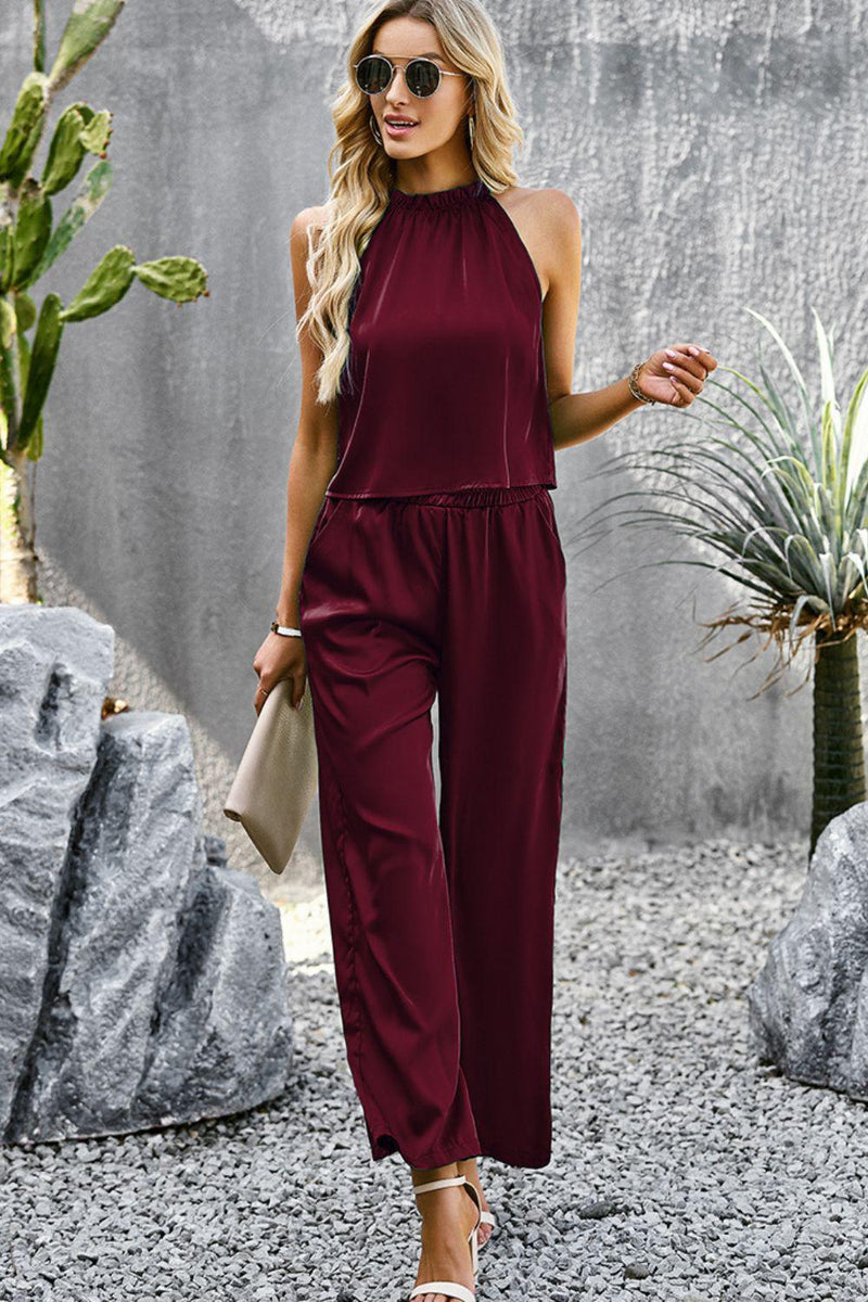 Grecian Neck Sleeveless Pocketed Top and Pants Set-DY, Ship From Overseas-Wine-S-[option4]-[option5]-[option6]-Womens-USA-Clothing-Boutique-Shop-Online-Clothes Minded