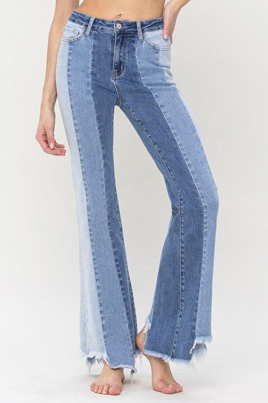 HIGH RISE RELAXED FLARE WITH UNEVEN RAW HEM-Bottoms-Contemporary, Flare, Jeans-CHARMINGLY-24-[option4]-[option5]-[option6]-Womens-USA-Clothing-Boutique-Shop-Online-Clothes Minded