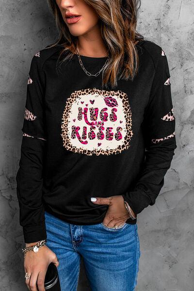 HUGS AND KISSES Leopard Round Neck Sweatshirt-Ship From Overseas, SYNZ-Black-S-[option4]-[option5]-[option6]-Womens-USA-Clothing-Boutique-Shop-Online-Clothes Minded
