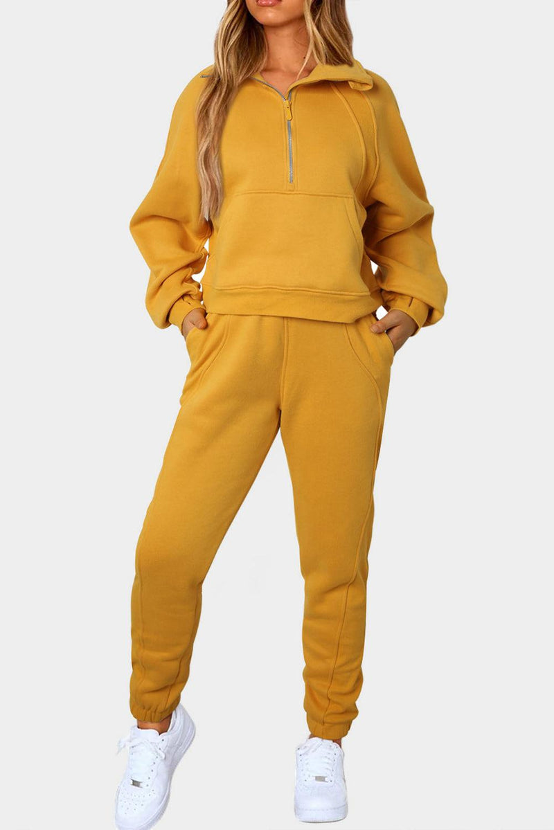 Half-Zip Sports Set with Pockets-Lounge Sets-Lounge Set, Ship From Overseas, SYNZ-Mustard-S-[option4]-[option5]-[option6]-Womens-USA-Clothing-Boutique-Shop-Online-Clothes Minded