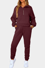 Half-Zip Sports Set with Pockets-Lounge Sets-Lounge Set, Ship From Overseas, SYNZ-Wine-S-[option4]-[option5]-[option6]-Womens-USA-Clothing-Boutique-Shop-Online-Clothes Minded