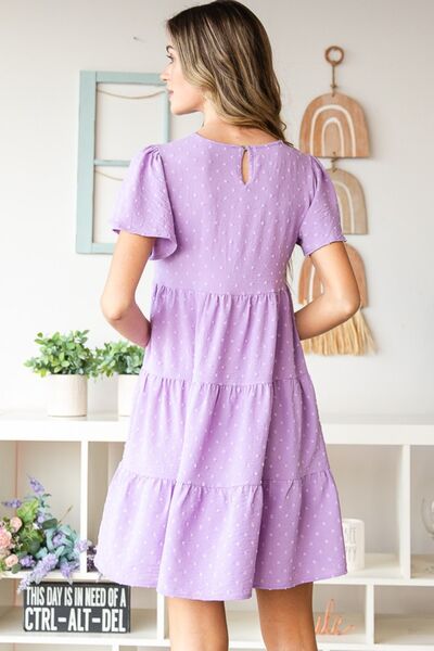 Heimish Full Size Swiss Dot Short Sleeve Tiered Dress-Heimish, Ship from USA-LILAC-S-[option4]-[option5]-[option6]-Womens-USA-Clothing-Boutique-Shop-Online-Clothes Minded
