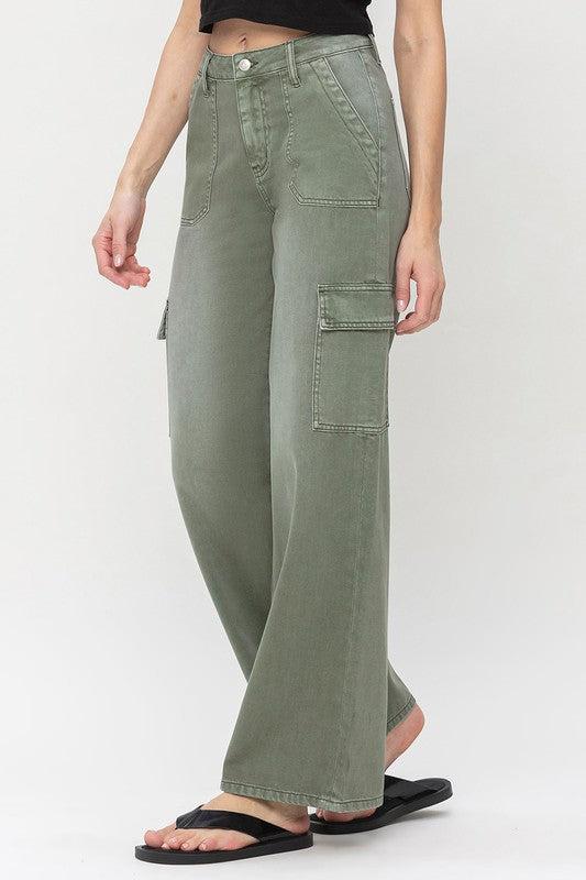 High Rise Utility Cargo Wide-Contemporary, Full, Jeans, Solid-ARMY GREEN-24-[option4]-[option5]-[option6]-Womens-USA-Clothing-Boutique-Shop-Online-Clothes Minded