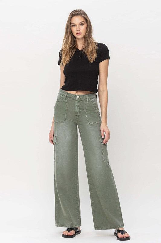 High Rise Utility Cargo Wide-Contemporary, Full, Jeans, Solid-ARMY GREEN-24-[option4]-[option5]-[option6]-Womens-USA-Clothing-Boutique-Shop-Online-Clothes Minded