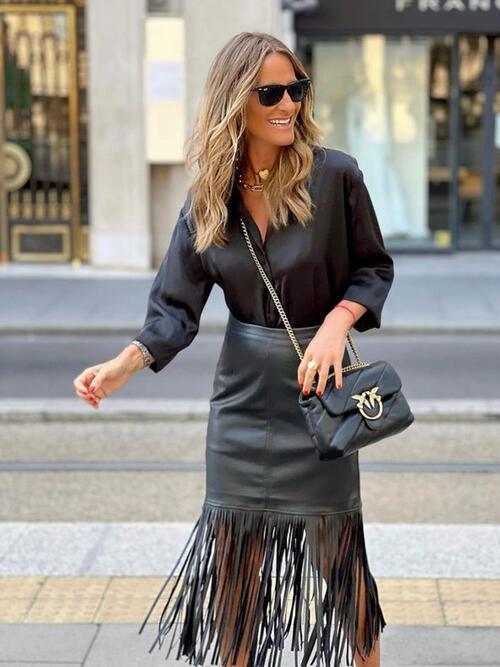 High Waist Fringe Hem Skirt-C@X@Y, Ship From Overseas-Black-S-[option4]-[option5]-[option6]-Womens-USA-Clothing-Boutique-Shop-Online-Clothes Minded