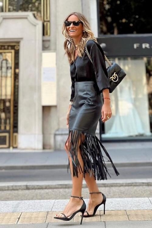High Waist Fringe Hem Skirt-C@X@Y, Ship From Overseas-[option4]-[option5]-[option6]-Womens-USA-Clothing-Boutique-Shop-Online-Clothes Minded