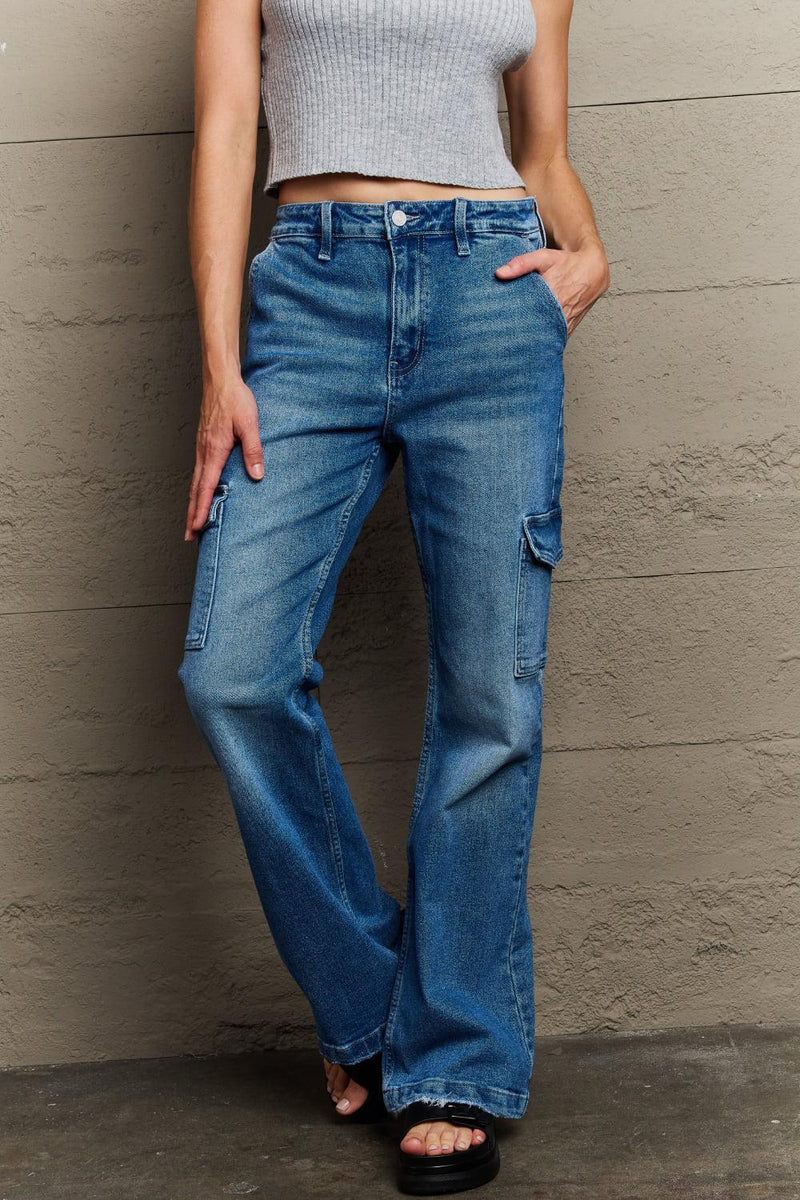 Kancan Holly High Waisted Cargo Flare Jeans-Kancan, Ship from USA-Medium-1(24)-[option4]-[option5]-[option6]-Womens-USA-Clothing-Boutique-Shop-Online-Clothes Minded