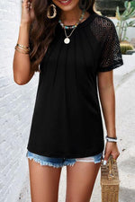 Lace Detail Round Neck Short Sleeve T-Shirt-DY, Ship From Overseas-Black-S-[option4]-[option5]-[option6]-Womens-USA-Clothing-Boutique-Shop-Online-Clothes Minded
