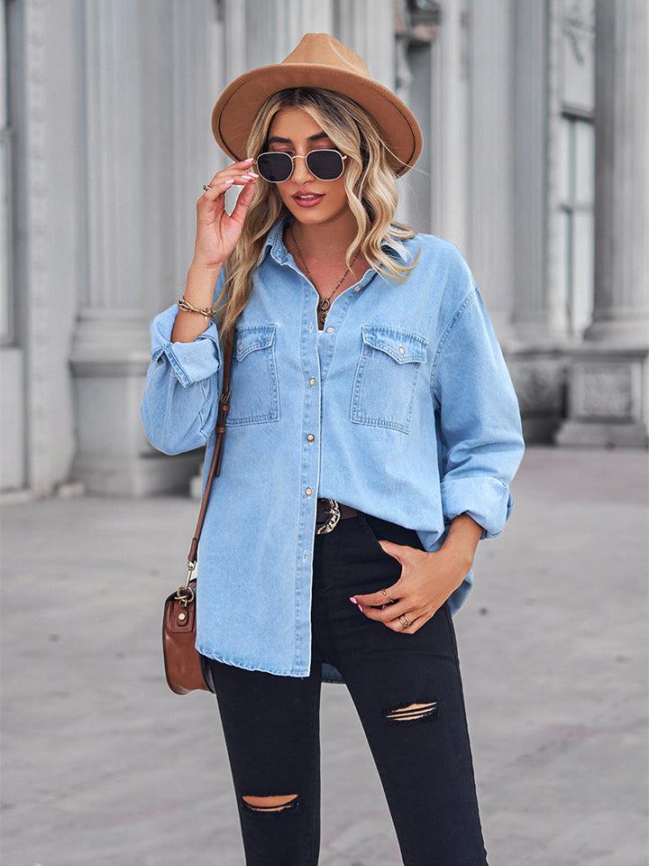 Long Sleeve Denim Shirt Jacket-Shirts & Tops-Boutique Top, M.F, Ship From Overseas, Shipping Delay 09/29/2023 - 10/02/2023, Top, Tops-[option4]-[option5]-[option6]-Womens-USA-Clothing-Boutique-Shop-Online-Clothes Minded