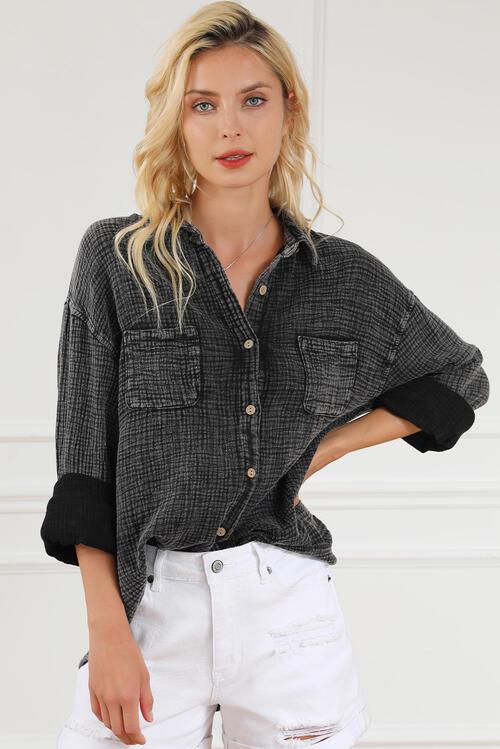 Mineral Wash Crinkle Textured Chest Pockets Shirt-Ship From Overseas, SYNZ-Black-S-[option4]-[option5]-[option6]-Womens-USA-Clothing-Boutique-Shop-Online-Clothes Minded