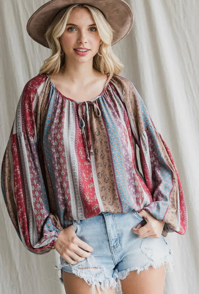 Muted Peasant Blouse-110 Long Sleeve Tops-peasant top, Tops-[option4]-[option5]-[option6]-Womens-USA-Clothing-Boutique-Shop-Online-Clothes Minded
