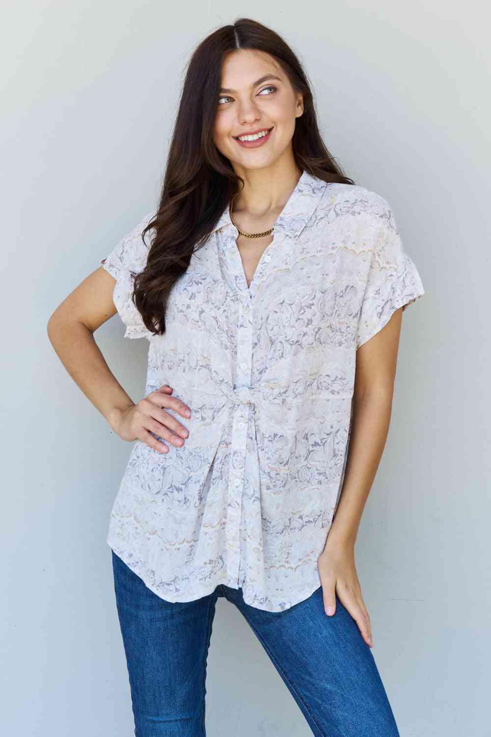 ODDI Full Size Floral Paisley Print Twist Tunic Top-ODDI, Ship from USA-Taupe Grey-S-[option4]-[option5]-[option6]-Womens-USA-Clothing-Boutique-Shop-Online-Clothes Minded