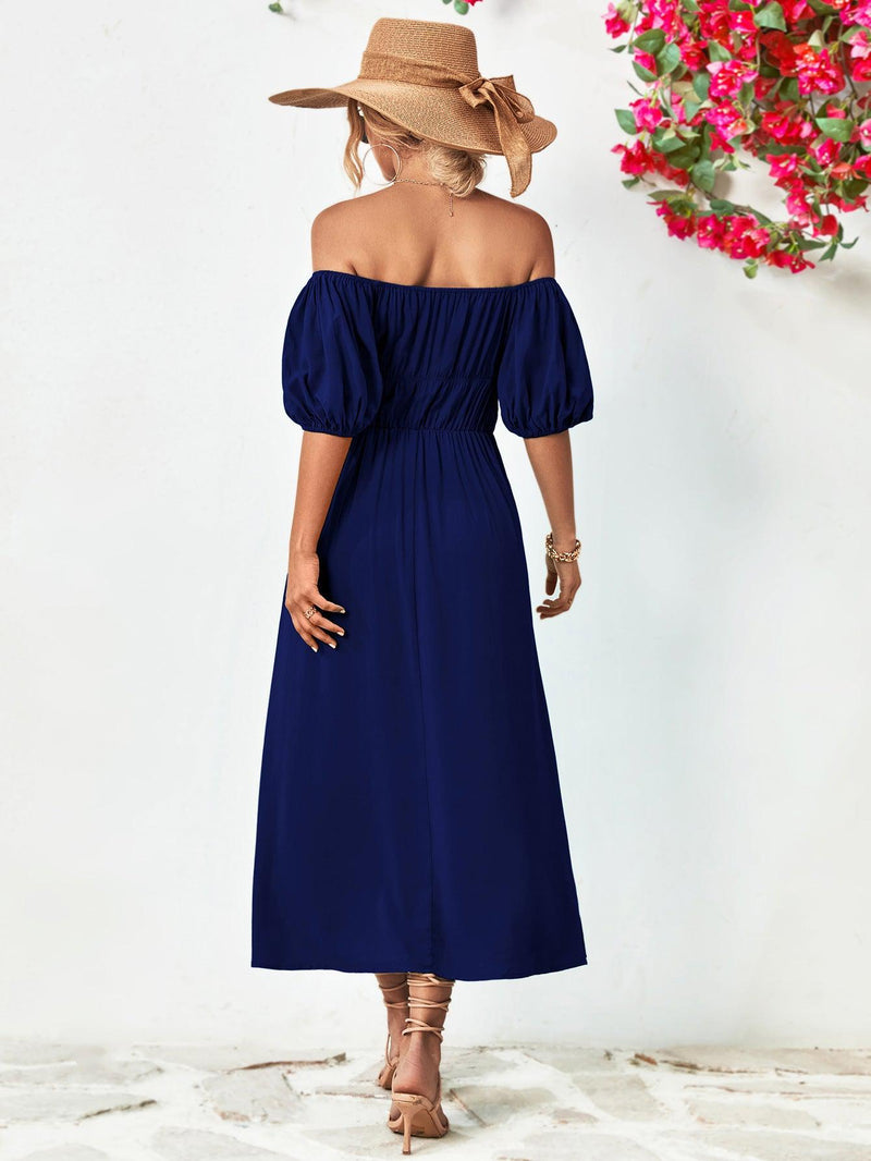 Off-Shoulder Balloon Sleeve Midi Dress-Dresses-Boutique Dress, Dress, Midi Dress, Ship From Overseas, Smocked Dress, YO-[option4]-[option5]-[option6]-Womens-USA-Clothing-Boutique-Shop-Online-Clothes Minded