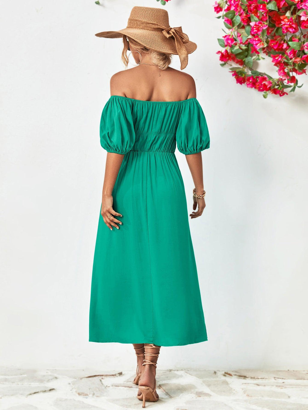 Off-Shoulder Balloon Sleeve Midi Dress-Dresses-Boutique Dress, Dress, Midi Dress, Ship From Overseas, Smocked Dress, YO-Teal-S-[option4]-[option5]-[option6]-Womens-USA-Clothing-Boutique-Shop-Online-Clothes Minded