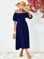 Off-Shoulder Balloon Sleeve Midi Dress-Dresses-Boutique Dress, Dress, Midi Dress, Ship From Overseas, Smocked Dress, YO-Dark Navy-S-[option4]-[option5]-[option6]-Womens-USA-Clothing-Boutique-Shop-Online-Clothes Minded