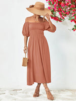 Off-Shoulder Balloon Sleeve Midi Dress-Dresses-Boutique Dress, Dress, Midi Dress, Ship From Overseas, Smocked Dress, YO-Pale Blush-S-[option4]-[option5]-[option6]-Womens-USA-Clothing-Boutique-Shop-Online-Clothes Minded