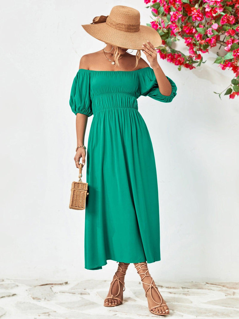 Off-Shoulder Balloon Sleeve Midi Dress-Dresses-Boutique Dress, Dress, Midi Dress, Ship From Overseas, Smocked Dress, YO-Teal-S-[option4]-[option5]-[option6]-Womens-USA-Clothing-Boutique-Shop-Online-Clothes Minded