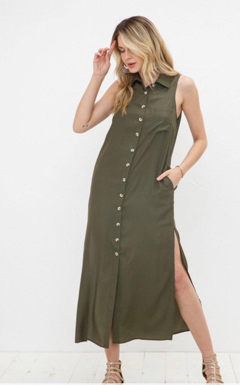 Olive Button Down Dress-150 Dresses-Boutique Maxi Dress, Max Retail, Maxi Dress, Olive Button Down Dress-[option4]-[option5]-[option6]-Womens-USA-Clothing-Boutique-Shop-Online-Clothes Minded